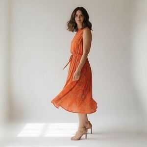 DONNA MORGAN orange sleeveless pleated dress - equestrian chains - women’s 2